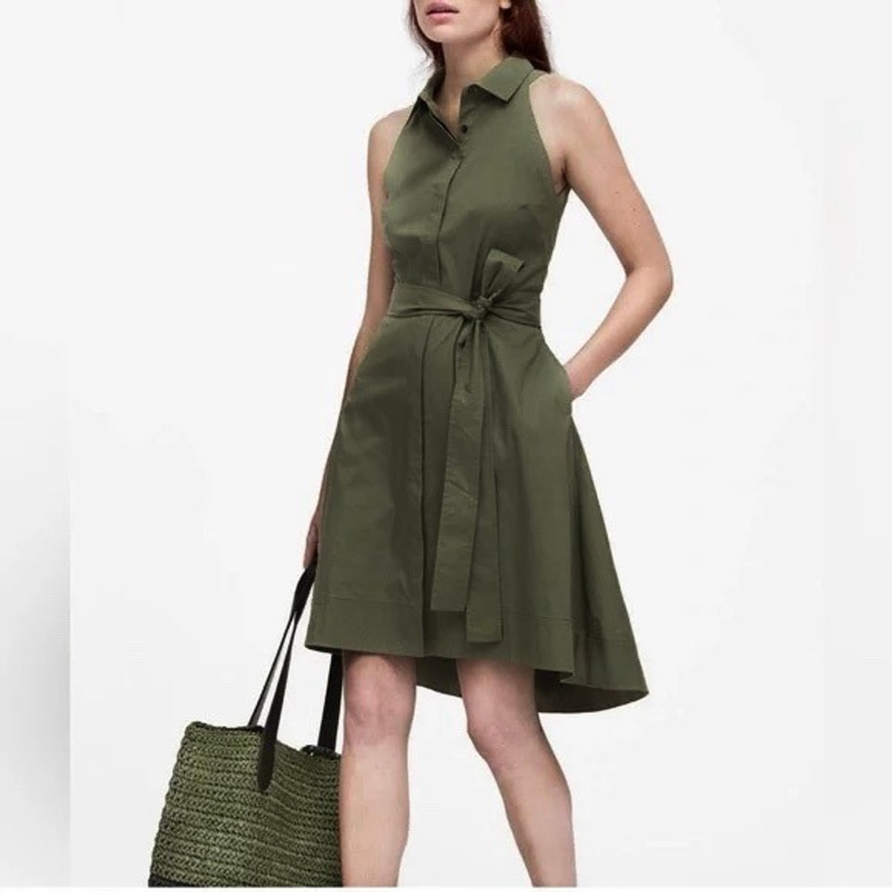 Banana Republic Army Green Olive Button Down Cotton Hi Low Pocket Shirt Dress